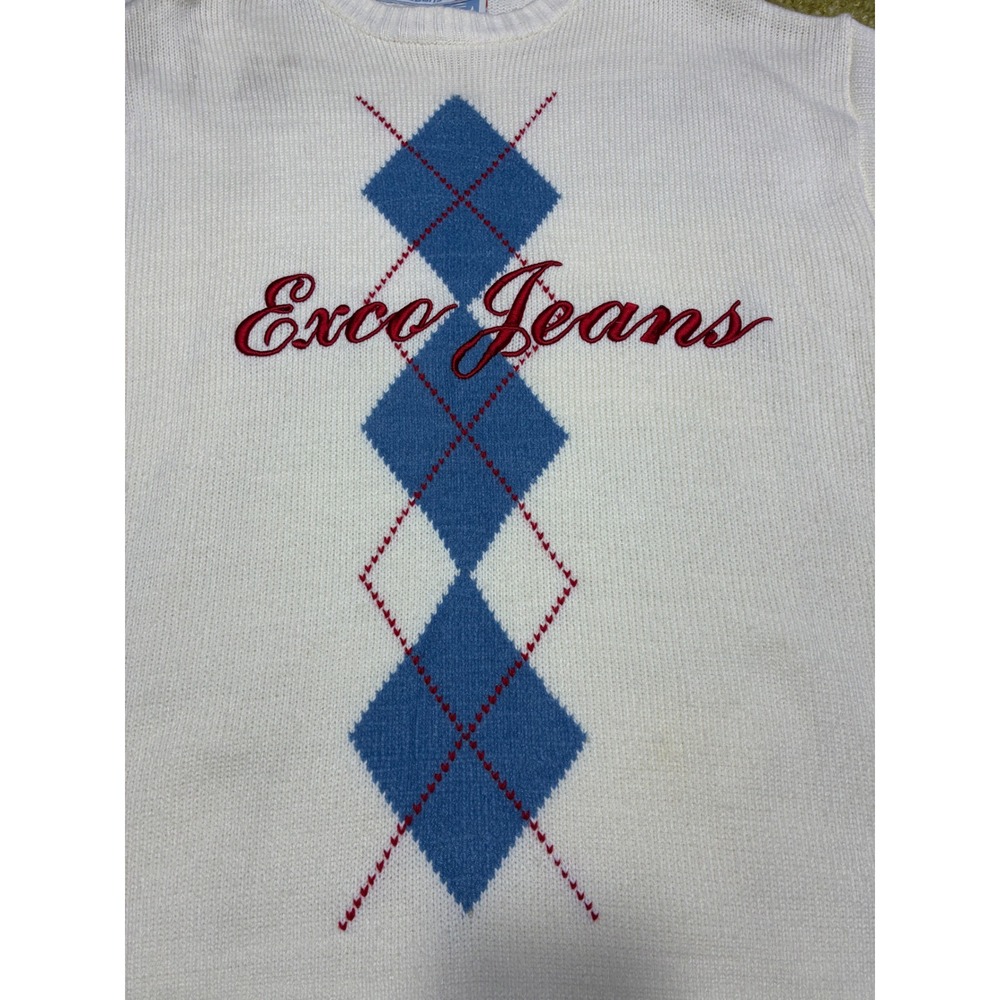 Vintage Exco Jeans Argyle Knit Sweater Off White Blue Red XL 280503 Streetwear - Picture 3 of 9